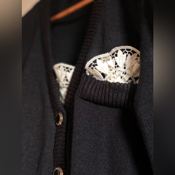 Black Vintage Cardigan with Button and Lace Details - Picture 2 of 5